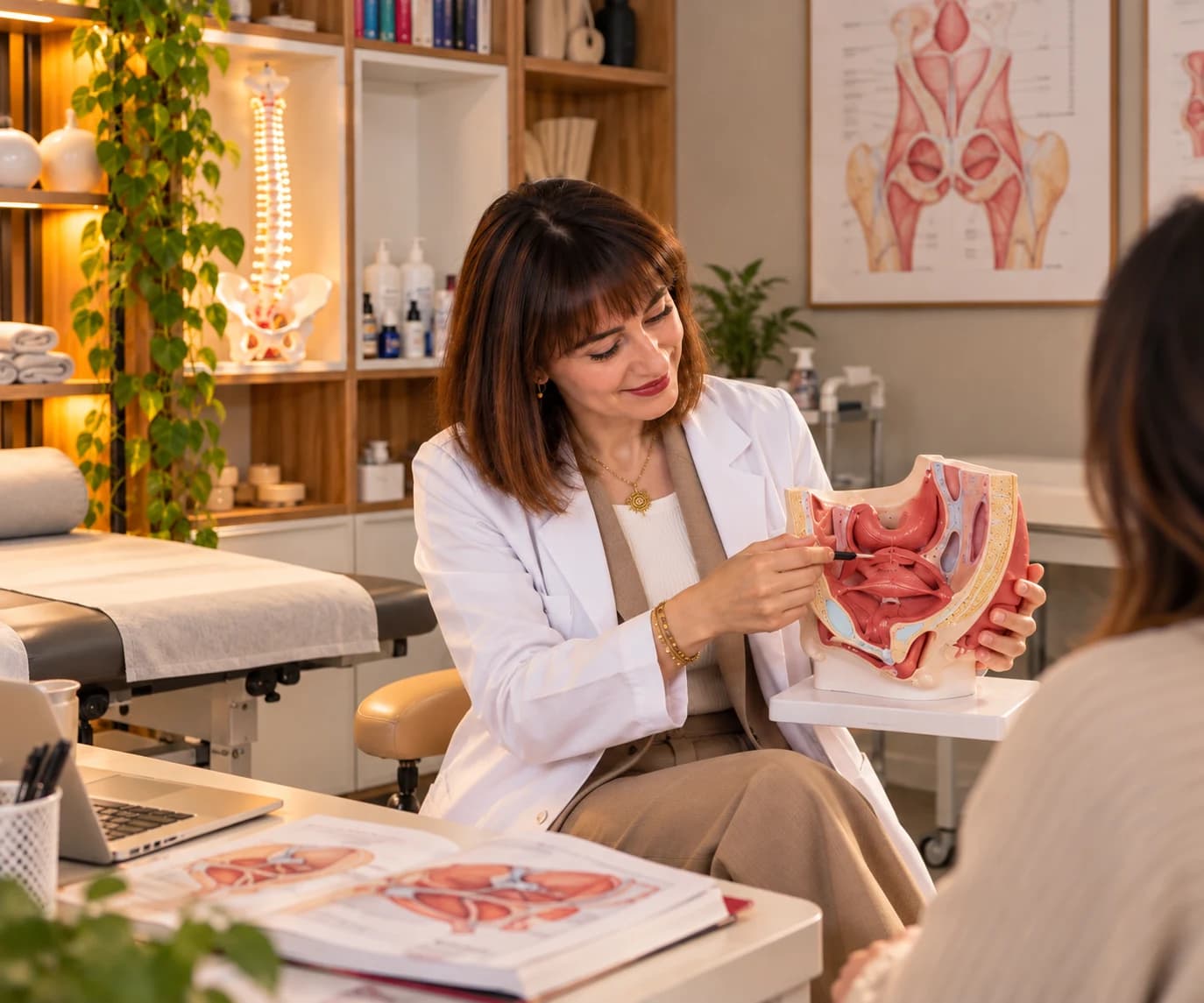 Fizyoterapist, masasında pelvis anatomi modelini tutarak karşısındaki danışana anlatıyor.